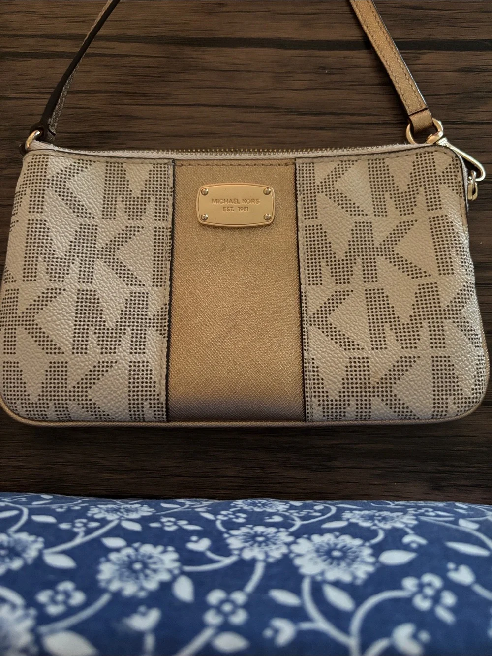 Michael Kors Jet Set Beige and Gold MK Logo Wristlet
